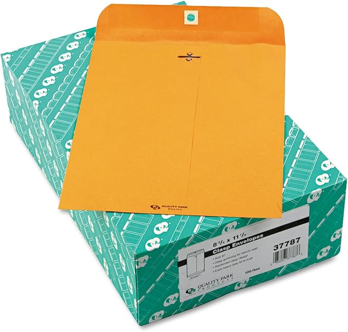 Quality Park 8-3/4 x 11-1/2 Clasp Envelopes, Clasp and Gummed Closures for Storing or Mailing, Extra Heavy-Duty 32 lb Kraft Paper, 100 per Box (QUA37787), Light Brown