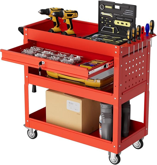 3-Tier Rolling Tool Cart with Drawers, Heavy Duty Utility Storage Cart with pegboard, Lockable Metal Tool Chest on Wheels for Garage, Warehouse & Repair Shop