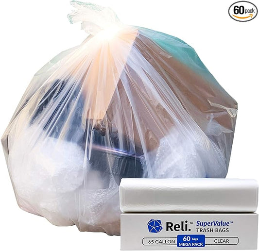 Reli. SuperValue 65 Gallon Trash Bags | 60 Count | Made in USA | Heavy Duty | Clear Multi-Use Garbage Bags