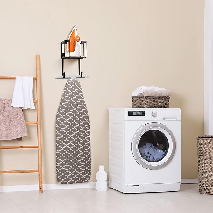 TJ.MOREE Wall Mount/Over The Door Ironing Board Holder with Large Storage Basket, Laundry Room Iron and Ironing Board Holder Storage Holder Black Middle