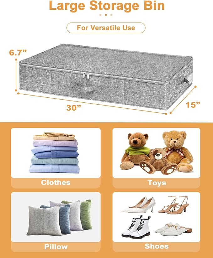 punemi Under Bed Storage, 3 Pack Underbed Storage Container Bags With Lid, Foldable Sturdy Clothes Storage Drawer Organizer W/ 3 Handles, Ultra Thick Fabric Blanket Shoe Storage Box, Grey