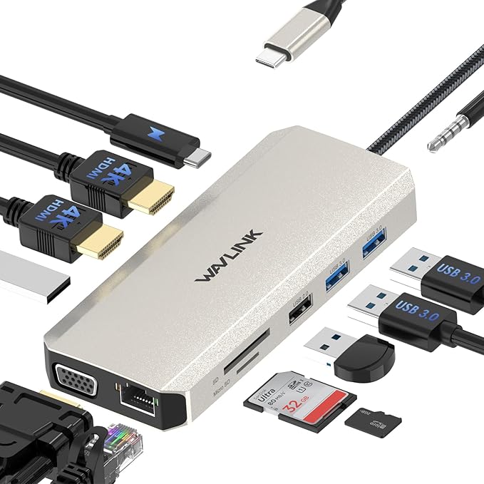 WAVLINK 12 in 1 USB C Docking Station Dual Monitor Triple Display with 2 HDMI, VGA, USB Type C Hub with 100W PD, Ethernet, 5 USB, SD/TF Card Reader, Audio, Work for Windows Laptop
