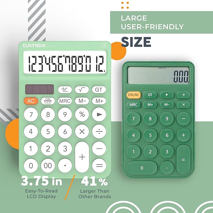 CATIGA 12 Digit Desktop Calculator Basic Desk Calculator with Large LCD Display, Big Buttons, 4 Function, Solar and Battery Dual Power, for Office, School, Home, SD-1292 Mint