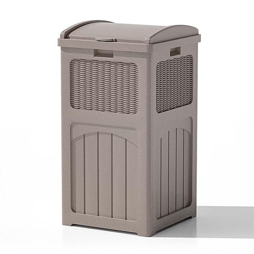 Patiowell 36 Gallon Outdoor Trash Can, Resin Outdoor Garbage Can with Lid for Patio, Backyard, Deck, Light Brown