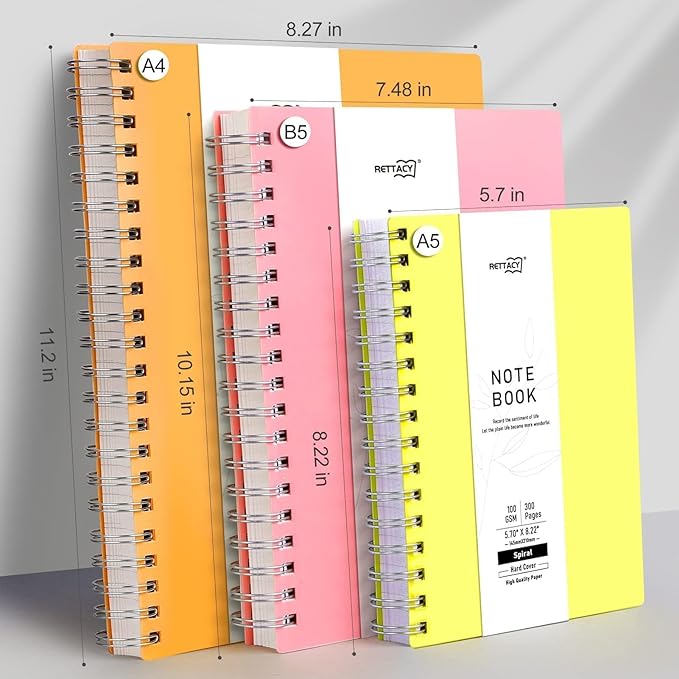 RETTACY Spiral College Ruled Notebook, 300 Pages, A4 Large Size (8.2" x 11.2"), for School, Work, Writing, Journaling, 100 GSM Thick Paper, Flexible Plastic Cover (Yellow)