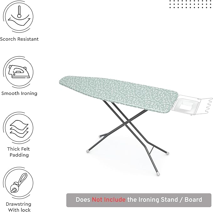 Encasa XO Ironing Board Cover and Pad 42"x14" - Thick 3mm Felt Padding, Drawstring Tightening & Lock, Easy Fit, Scorch & Stain Resistant, Fits Medium Ironing Board - Green Leaflet