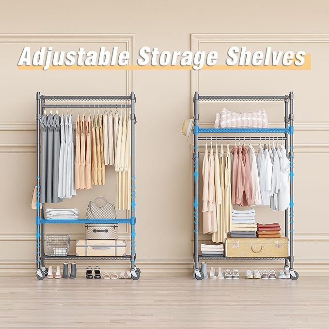 Homdox Garment Rack Heavy Duty, 3 Tier Rolling Clothing Racks for Hanging Clothes, Metal Wardrobe Closet, Free-Standing Clothes Organizer Rack with Double Rods & Side hooks, Gray
