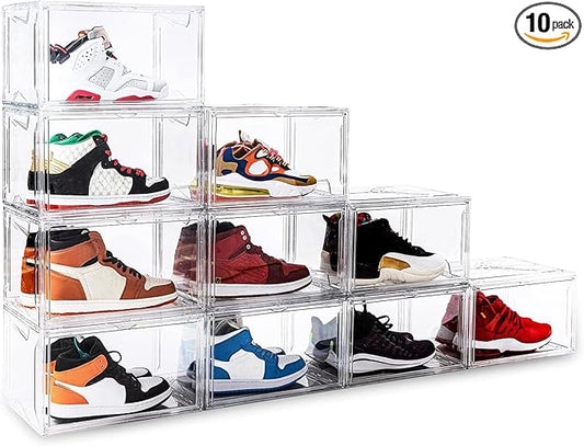 KDOR Shoe Box for sneakers，Closet,hat Clear Plastic Stackable 10 Pack Sneaker Storage Boxes with Magnetic Door, Acrylic Display Case, Strong and Sturdy Fit Shoe Size Up to US 15