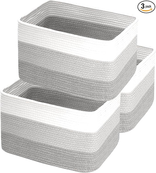 Hopegiver Woven Storage Baskets 15x11x10 Inch, 3 Pack Collapsible Cube Storage Bin for Shelves - Foldable Cotton Rope Organizer Bins for Towels, Toys, Books, Closet, Nursery (White Light-Gray Gray)