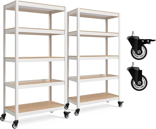 HOMEDANT House White 5-Tier Metal Rolling Cart Shelf Rack Casters Heavy Duty Wheel Shelving Unit Adjustable Utility Storage Shelves Organizer Shelf Kitchen Garage 36.2" W x 16.5" D x 69.5" H 2Pack