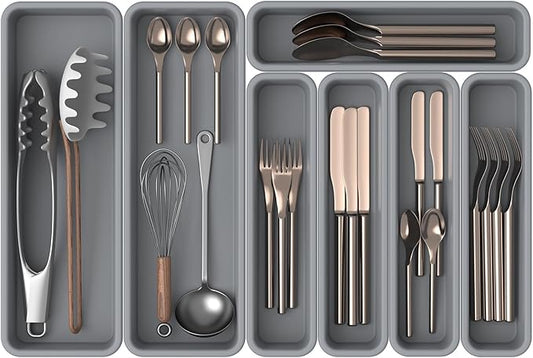 7 Pack Silicone Silverware Drawer Organizer, DIY Free Combination Kitchen Drawer Organizer, Utensil Organizer, Moisture-proof and Heat-resistant up to 200°C, Anti-slip and Environmentally (Grey)