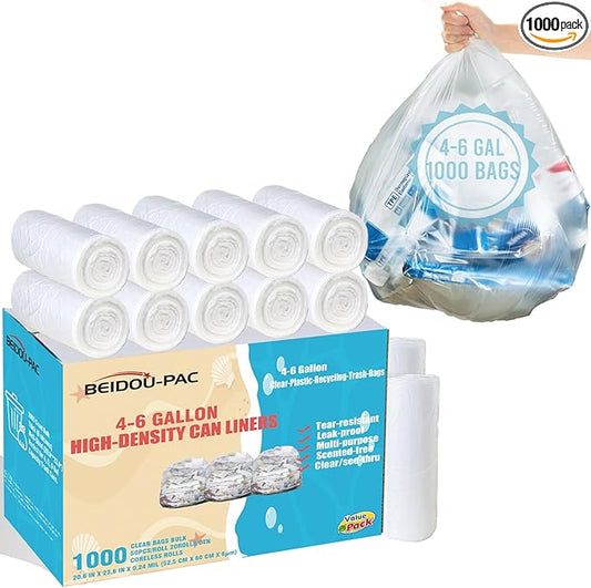 4-6 Gallon Trash Bags, 1000 Count Bulk Value Pack, Clear Plastic Recycling Bags, Multi-purpose Garbage Bags for Business Home Bathroom Kitchen Commercial and Industrial