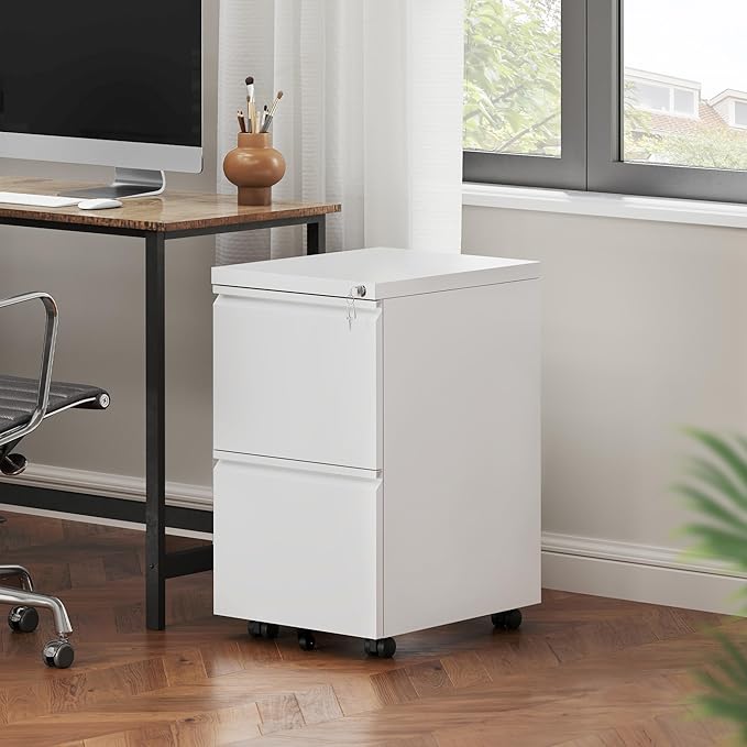 YITAHOME 2 Drawer File Cabinet with Lock, Mobile Metal Filing Cabinet for Letters/Legal/A4 Size, Home Office & Business Enterprise, Fully Assembled Except Wheels, White