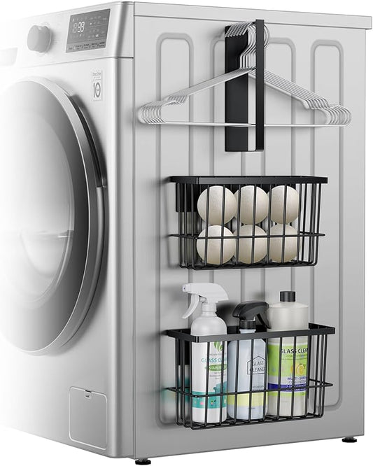Magnetic Dryer Ball Holder and Magnetic Hanger Holder for Laundry Room Organization and Storage, Magnetic Lint Bin for Laundry Room, Iron Basket Dryer Ball Container for Laundry Room Storage (Black)