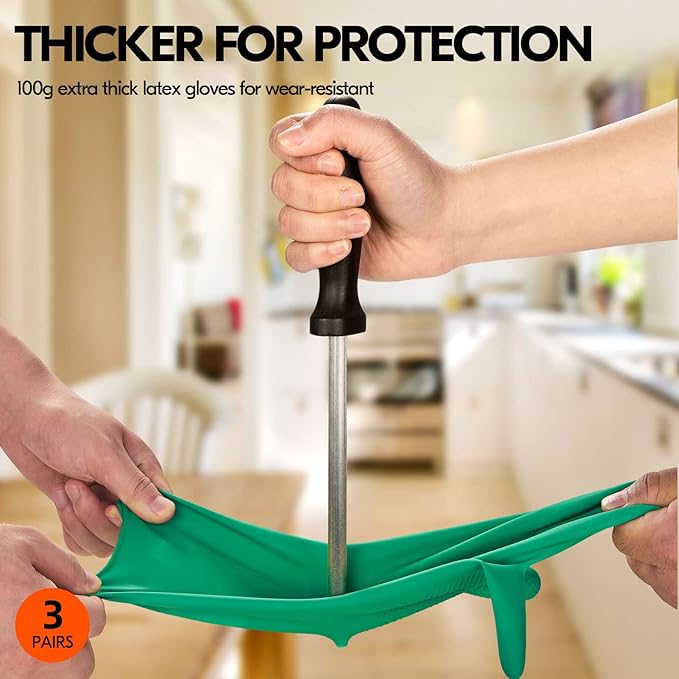 Vgo... 3-Pairs Reusable Household Gloves, Rubber Dishwashing gloves, Extra Thickness, Long Sleeves, Kitchen Cleaning, Working, Painting, Gardening, Pet Care (Size S, Green, HH4601)