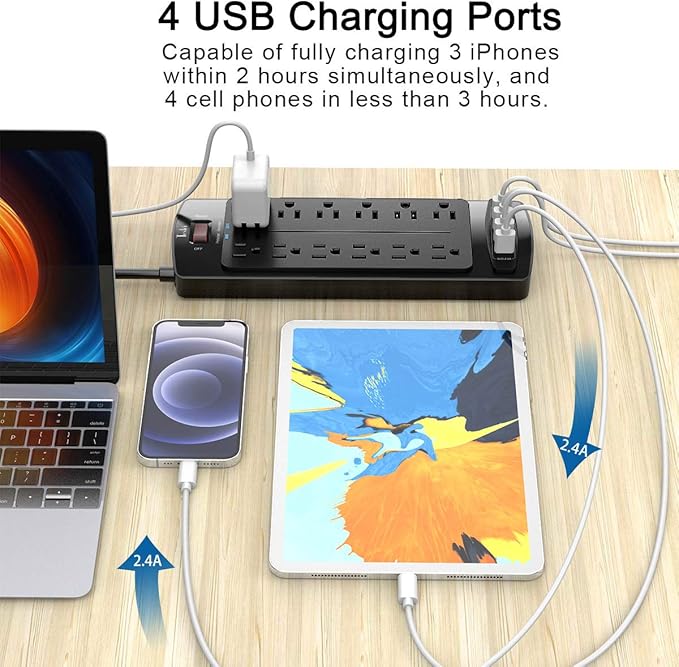 Power Strip, Tcstei Surge Protector with 12 Outlets and 4 USB Ports, 10 Feet Extension Cord (1875W/15A) for Home, Office, Dorm Essentials, 2700 Joules, ETL Listed, Black