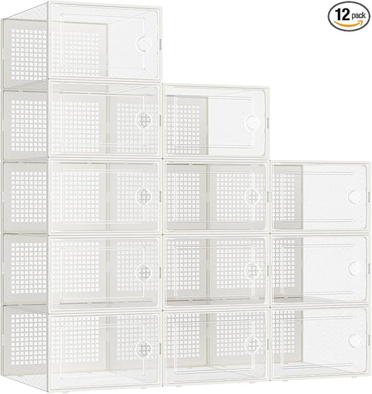 Kuject Large Shoe Organizers Storage Boxes for Closet, 12 Pack Clear Plastic Stackable Storage Bins with Lids, Under Bed Shoe Containers for Entryway, Fit up to Women's Size 10,Black,Off-white