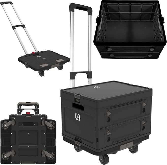 Wellmax WM99800BK Rolling Crate Cart with Wheels, Foldable Utility Cart for Teachers, Shopping, Office | Silent Wheels, Aluminum Handle, 132 lbs Capacity – Black