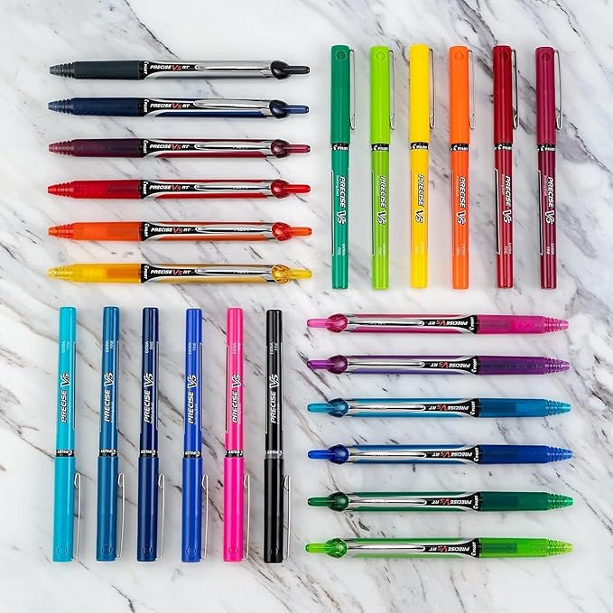 Precise V5 Stick Rolling Ball Pens, Extra Fine Point (.5mm), Assorted Colors Black/Blue/Red Ink, 5-pk; Bundle with Plastic Reusable Pouch