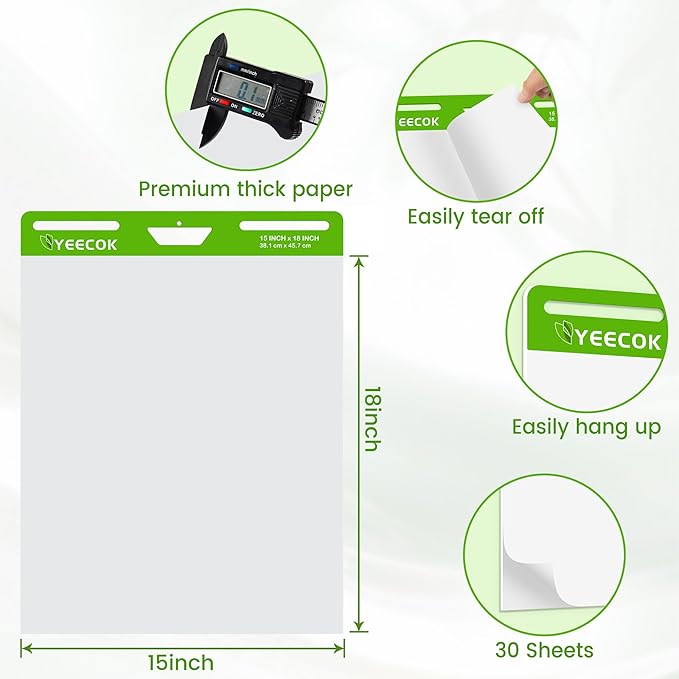 Self-Stick Mini Easel Pad 15 in x 18 in, 30 Sheets/Pad, 4 Pads/Pack, Sticky Flip Chart Paper for Teachers, Super Sticking Power & Bleed-Resistant