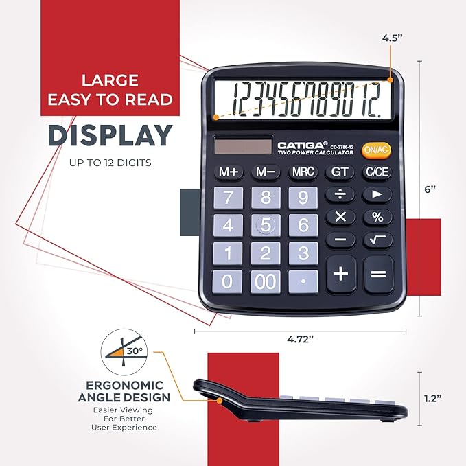 CATIGA Desktop Calculator (2 Pack) 12 Digit with Large LCD Display and Sensitive Button, Solar and Battery Dual Power, Standard Function for Office, Home, School, CD-2786 (2 Black)
