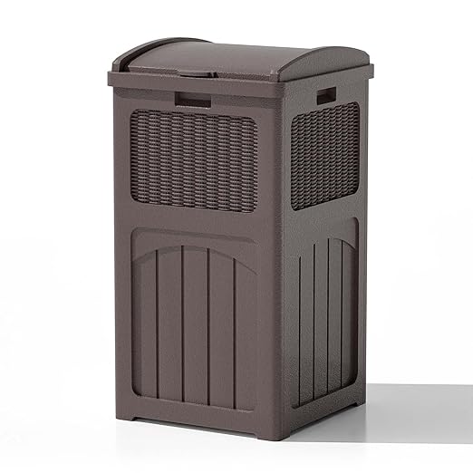 Patiowell 36 Gallon Outdoor Trash Can, Resin Outdoor Garbage Can with Lid for Patio, Backyard, Deck, Dark Brown