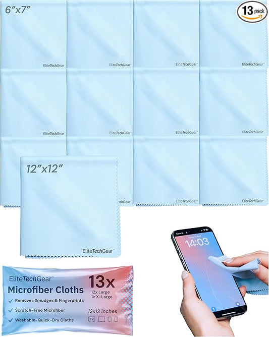 Elite Screens Microfiber Cleaning Cloth Set - 13-Pack, Blue, 6 x 7 in & 12 x 12 in - Smudge-Free Eyeglass Cleaner - Scratch-Free Screen Cleaner - Soft Lens Cleaning Cloth