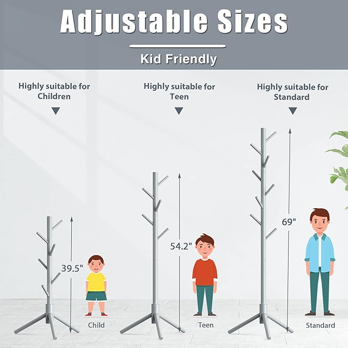Haddockway Wooden Coat Rack Stand with 8 Hooks New Zealand Pine 3 Adjustable Coat Standing Tree Easy Assembly for Coats, Hats, Scarves and Handbags for Entryway, Hallway, Bedroom, Office