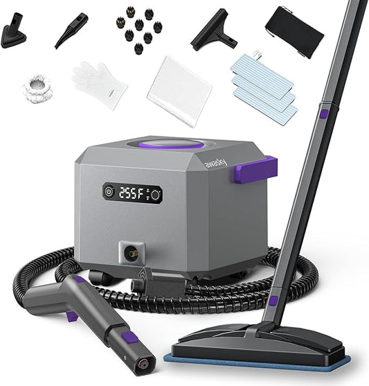 Steam Cleaner: Fast 50-Sec Heat-Up-21-Piece Kit-0.6Gal (2.2L) Tank Refill Anytime-No Cooling-Detachable Hose Multi Steamer Mop for Home Car Bed Furniture Tile Grout Floor Kitchen Cleaning Grey