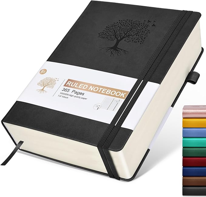 Lined Journal, 365 Pages B5 Large Hardcover Leather Notebook for Women Men, Daily Writing for Work, Note Taking, 100Gsm Thick Paper (7.6'' X 10'' Black)