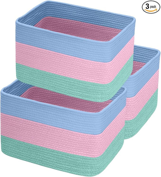 Hopegiver Woven Storage Baskets 15x11x10 Inch, 3 Pack Collapsible Cube Storage Bin for Shelves - Foldable Cotton Rope Organizer Bins for Towels, Toys, Books, Closet, Nursery (Blue Pink Green)