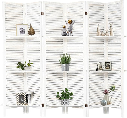 NicBex 6 Panel Room Divider,5.6FT Wood Carved Room Dividers with Display Shelves Folding Privacy Screens Portable Freestanding Partition Wall Dividers for Room Separation,Home Bedroom Office,White