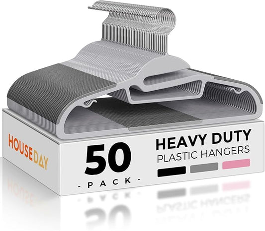 HOUSE DAY Grey Plastic Hangers 50 Pack, Slim Space Saving, Non Slip Hangers with Rubber Pads, Sturdy Heavy Duty Coat Hanger for Closet, S-Shaped Clothes Hanger for Shirt, Suit, Pant, Skirt