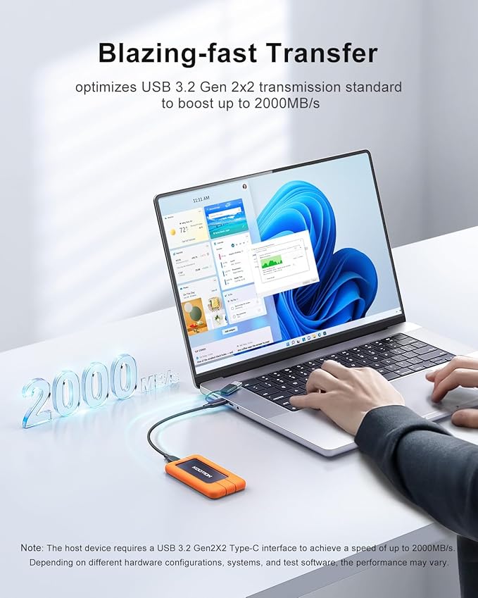 KOOTION 512GB Portable SSD USB 3.2 External SSD USB-C Up to 2000MB/s USB 3.2 Gen 2x2 Portable Solid State Drive with Protective Case Shockproof Type-C External Solid State Drive, Orange