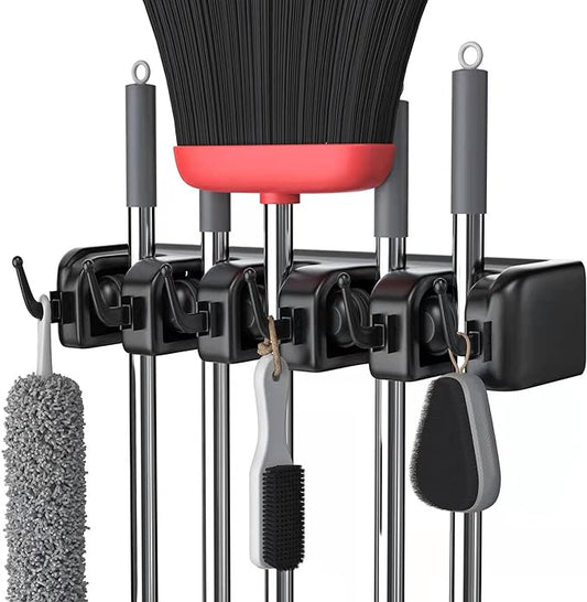 LETMY Broom Holder Wall Mount - Mop and Broom Hanger Holder - Garage Storage Rack & Garden Tool Organizer - 5 Position 6 Hooks Broom Rack for Home, kitchen, Garden, Tools, Garage Organization - Black