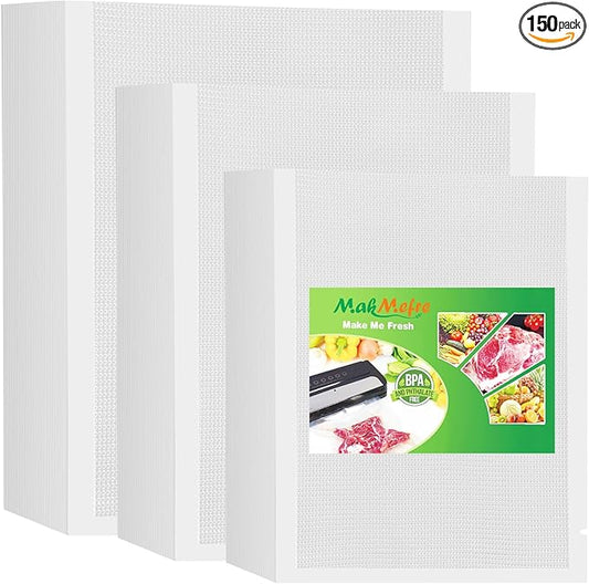 MakMeFre 150 Count Vacuum Sealer Bags 50 of Each Size 50 Pint 6"X10",50 Quart 8"X12"and 50 Gallon11"X16" BPA Free Sous Vide Seal a Meal Vaccume Seal Pre-Cut Combo Pack Bag