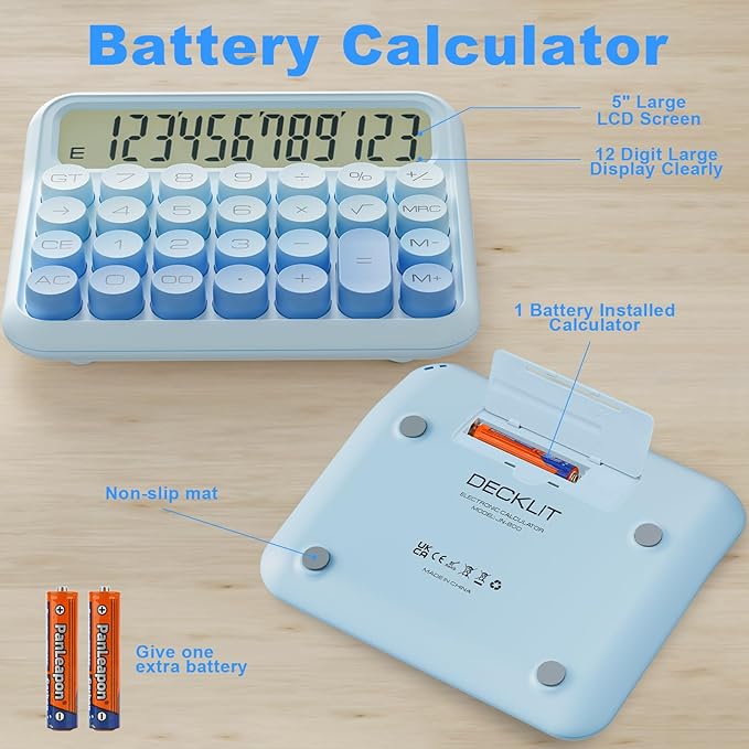 Mechanical Calculator 12 Digit Extra Large 5-Inch LCD Display, DECKLIT Battery Desk Calculator, Big Buttons Easy to Press Office Calculators Desktop, 15°Tilt Screen for Kids Calculator(Ice Blue)