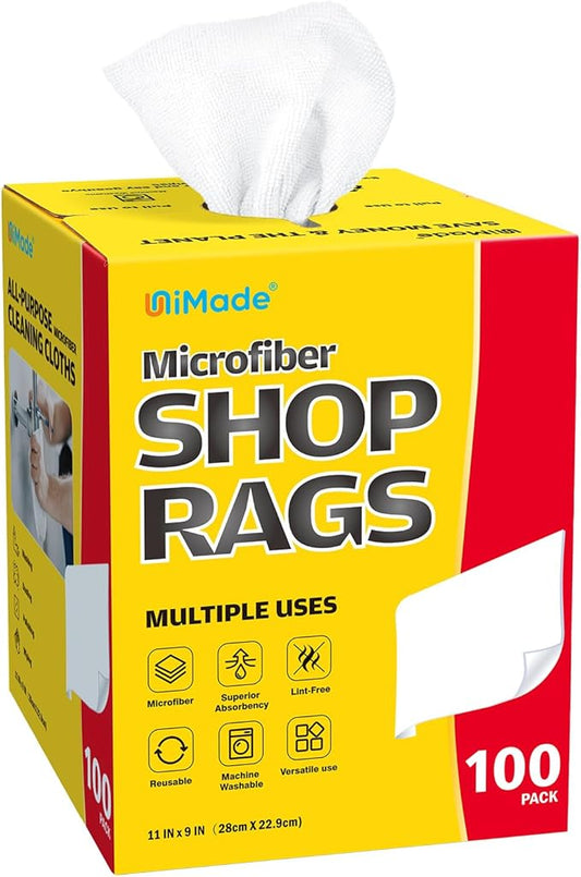 Shop Rags, 100 Sheets Microfiber Cleaning Cloth Commercial Grade Washcloths Lint-Free Bulk Shops Towels for Cars Mechanic Restaurant Garage Housekeeping, 11"x 9", White