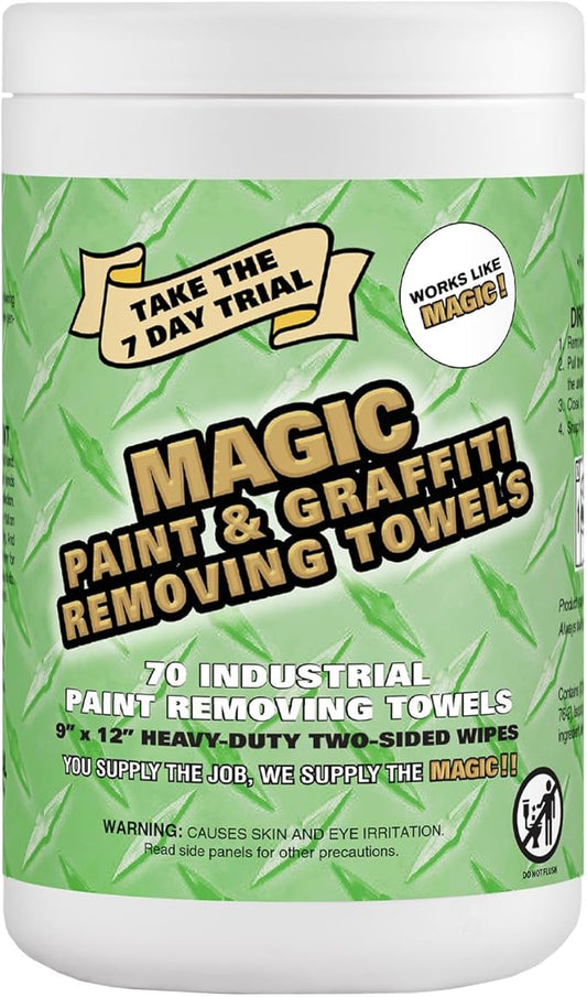 Magic Heavy Duty Paint & Graffiti Removing Wipes - Dual Sided Industrial Cleaning Towels | Waterless | Removes Adhesive, Ink, Marker, Spray Paint, Tar, Decals & more (1 Pack | 70 Sheets Total)