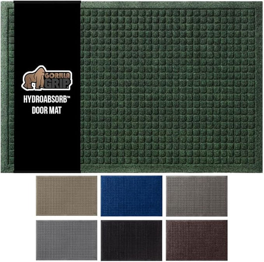 GORILLA GRIP Front Door Mat, 35x23, Indoor Outdoor Ultra Absorbent HydroAbsorb Doormat, Absorbs Up to 5.7 Cups of Water, Stain and Fade Resistant, Rubber Backing Doormats, Captures Dirt, Green