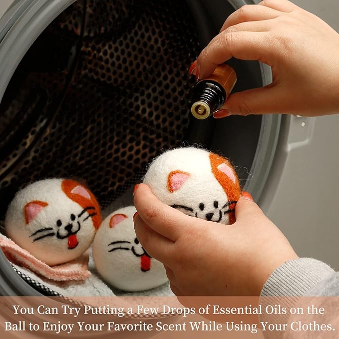 Wool Dryer Balls XL, Cute Cat Face Shape Handmade Dryer Balls Laundry Reusable, Fabric Softener Ball, Shorten Drying Time, Organic Wool - Dry 1000+ Loads(3 Pack Cat Shape)