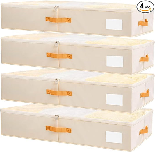 Criusia Under Bed Storage Bins with Clear PVC Lids – 4 Pack Large Underbed Organizers with Heavy-Duty Handles, Reinforced with 800G PP Panels & 80G Non-Woven Fabric – Waterproof & Foldable, Beige
