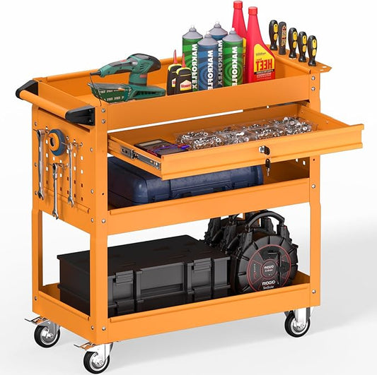 3 Tier Rolling Tool Cart on Wheels, Heavy Duty Service Cart Industrial Utility Cart with Drawer and Screwdriver Rack Pegboard, 550 LBS Mobile Tool Storage Organizer for Garage, Workshop (Orange)