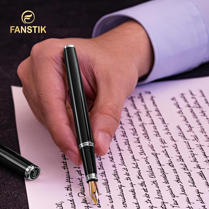 Black & Silver Luxury fountain pen (Made In USA) fancy gift set for women, Chrome Finish, Professional executive pen gift set for men (Lux fountain Black-Silver)