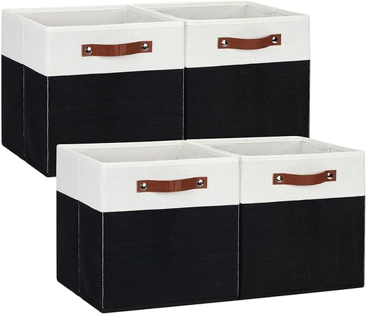 DULLEMELO Fabric Storage Bins for Shelves, Cube Storage Organizer Bins with PU Handles, Set of 4 Decorative Collapsible Storage Bins for Cube Storage,White&Black