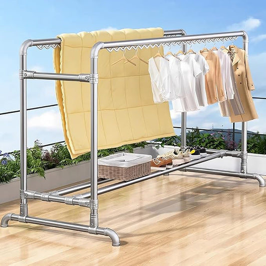 Clothes Drying Rack with Windproof Hooks, 63 inch Drying Rack Clothing Indoor Outdoor, Free Standing Metal Clothes Rack