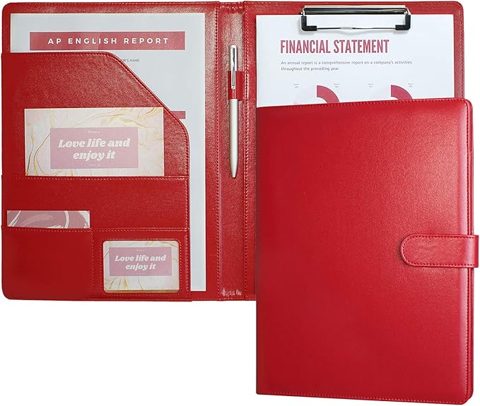 Mymazn Padfolio Clipboard Folder Portfolio, Faux Leather Storage Clipboard with Cover for Legal Pad Holder Letter Size A4 Writing Pad for Business School Office Conference Notepad Clip Boards (Red)