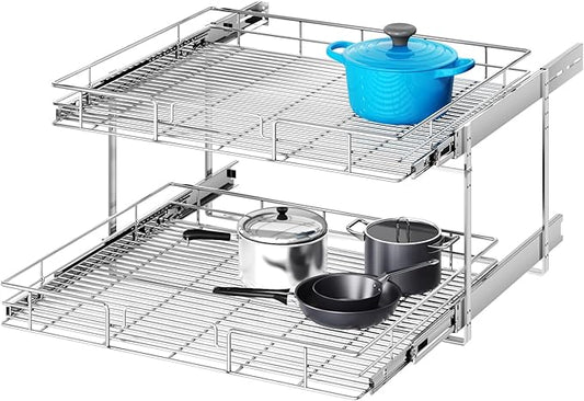 2 Tier Individual Pull Out Cabinet Organizer 27" W x 21½" D, Heavy Duty Cabinet Pull Out Shelves, Slide Out Drawers Organization for Kitchen Cabinets Bathroom