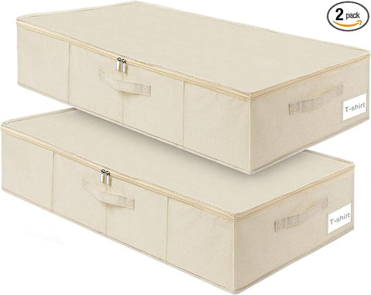 Under Bed Storage, 2 Pack Clothing Storage Bags W/Upgraded Handles, Large Capacity Underbed Shoe Container Organizer, Breathable Dorm Essentials Bins for Blanket, Pillows, Comforters & Quilts, Beige