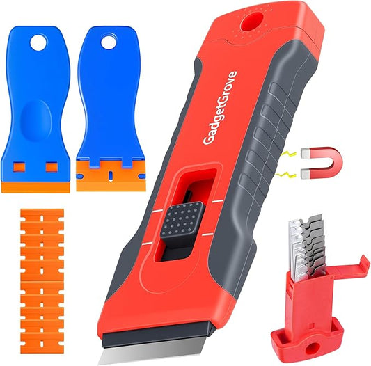 Upgraded Razor Blade Scraper with 2 Pcs Plastic Scraper, Scraper Tool for Cooktop, Oven, Stove, Labels Decal, Plastic Razor Blades for Cleaning Glass Window, Razor Scraper Buit-In Blade torage, Gray